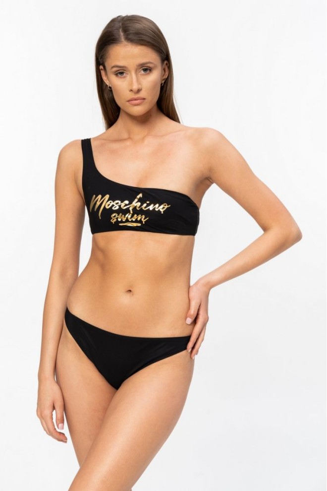 MOSCHINO Asymetryczna góra od bikini ze złotym logo