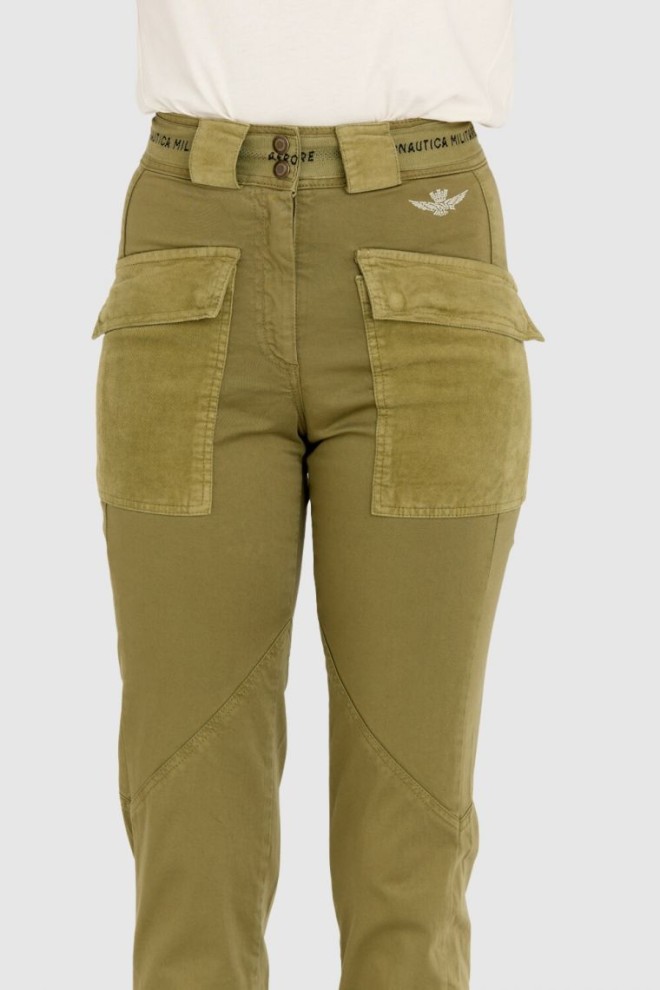 AERONAUTICA MILITARE Green women's cargo pants with drawstring waistband