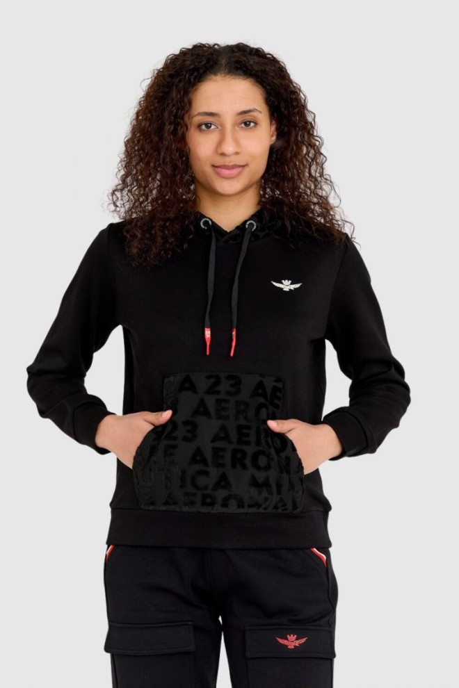 AERONAUTICA MILITARE Black women's sweatshirt with velour hood and kangaroo pocket