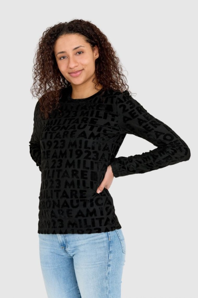 AERONAUTICA MILITARE Hanorac din catifea neagră cu logo-uri în relief pentru femei