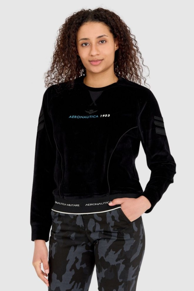 AERONAUTICA MILITARE Women's black velour sweatshirt with multiple embellishments