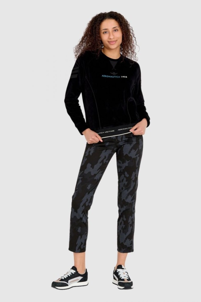 AERONAUTICA MILITARE Women's black velour sweatshirt with multiple embellishments