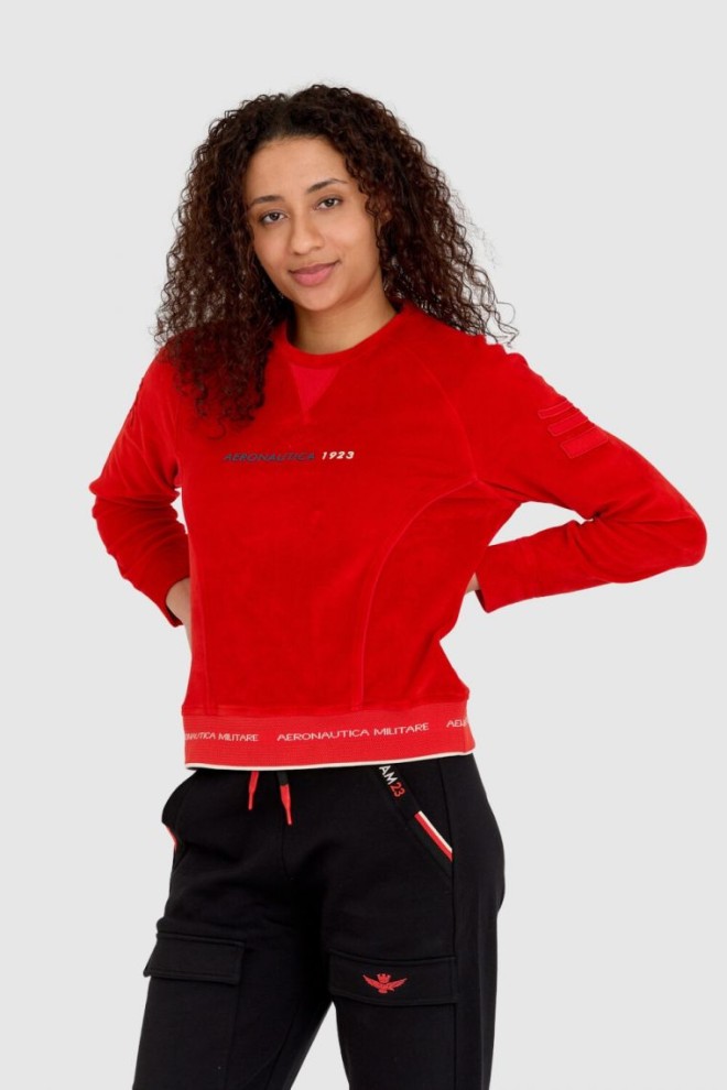 AERONAUTICA MILITARE Red velour women's sweatshirt with multiple embellishments