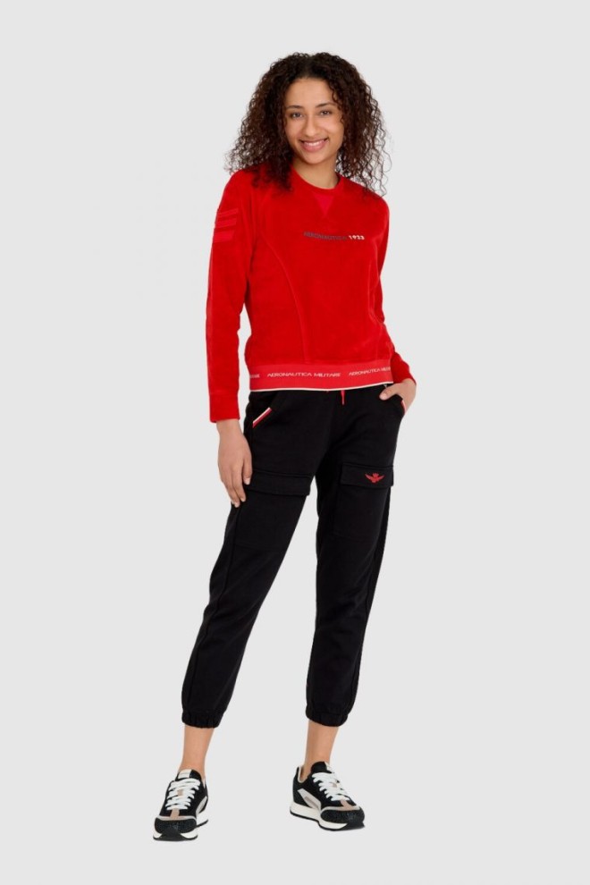 AERONAUTICA MILITARE Red velour women's sweatshirt with multiple embellishments