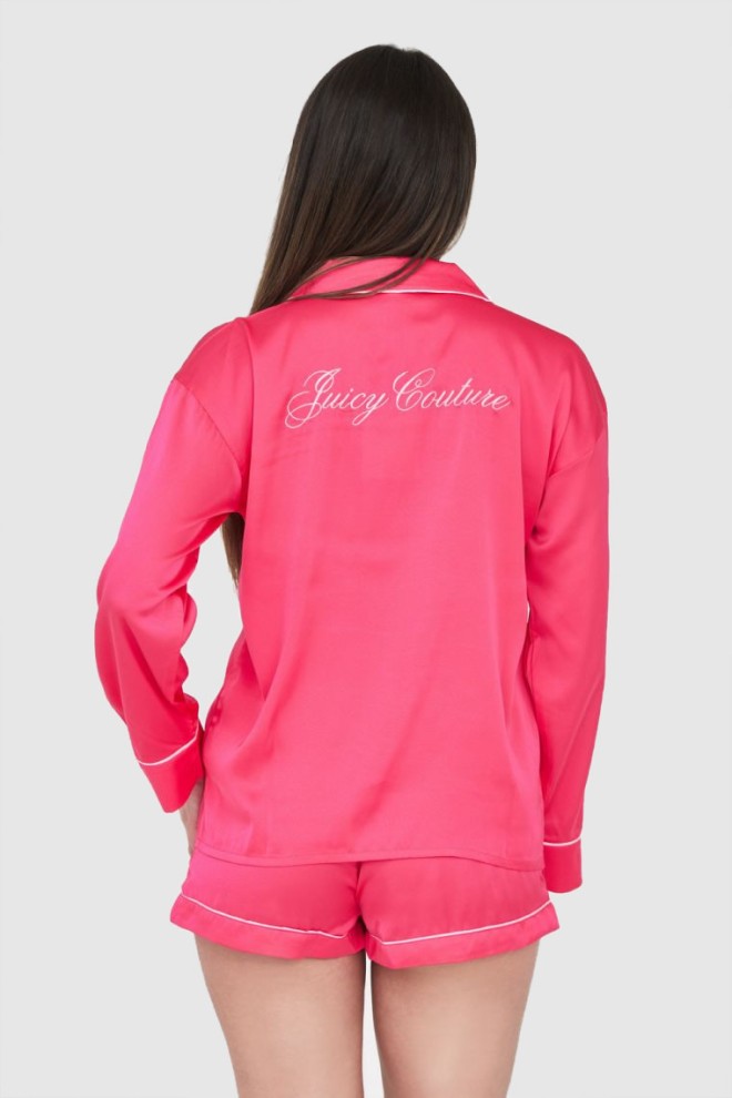 JUICY COUTURE Różowa satynowa koszula piżamowa z haftowanym logo