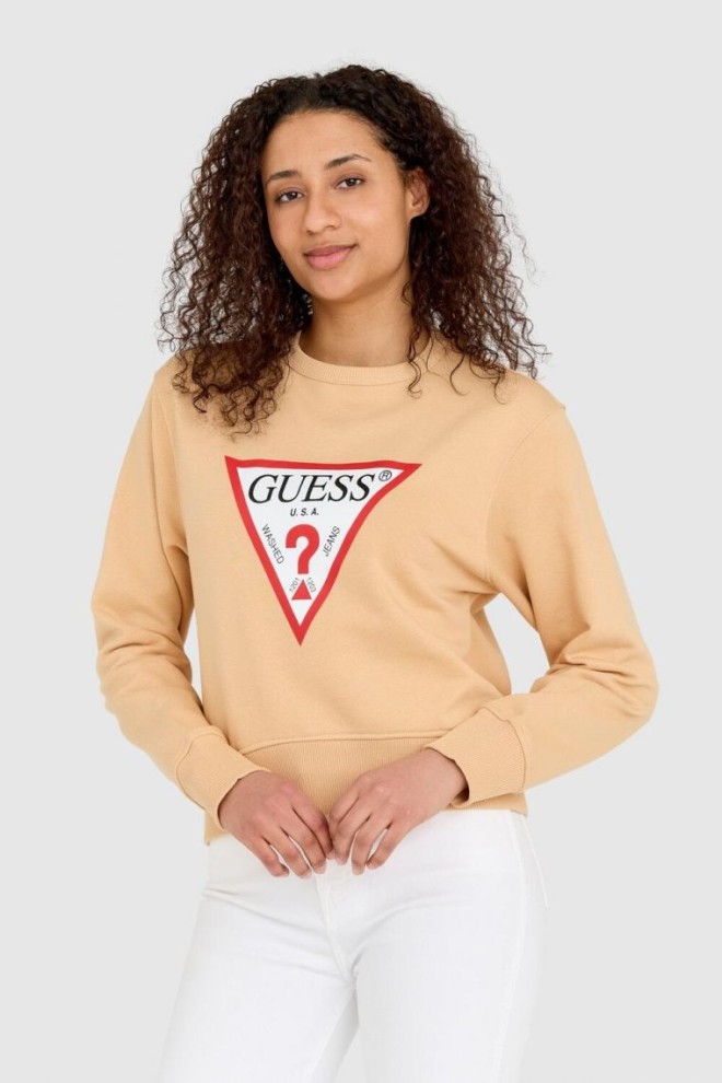 GUESS Beżowa bluza damska z dużym logotypem regular fit