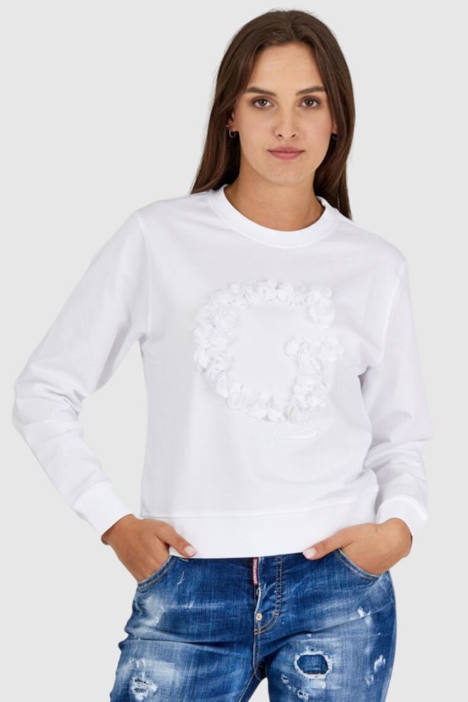 GUESS White women's sweatshirt with letter g trimmed with petals