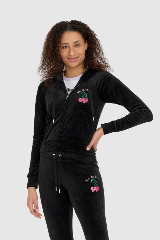 JUICY COUTURE Czarna welurowa bluza dresowa z haftowanymi wisienkami