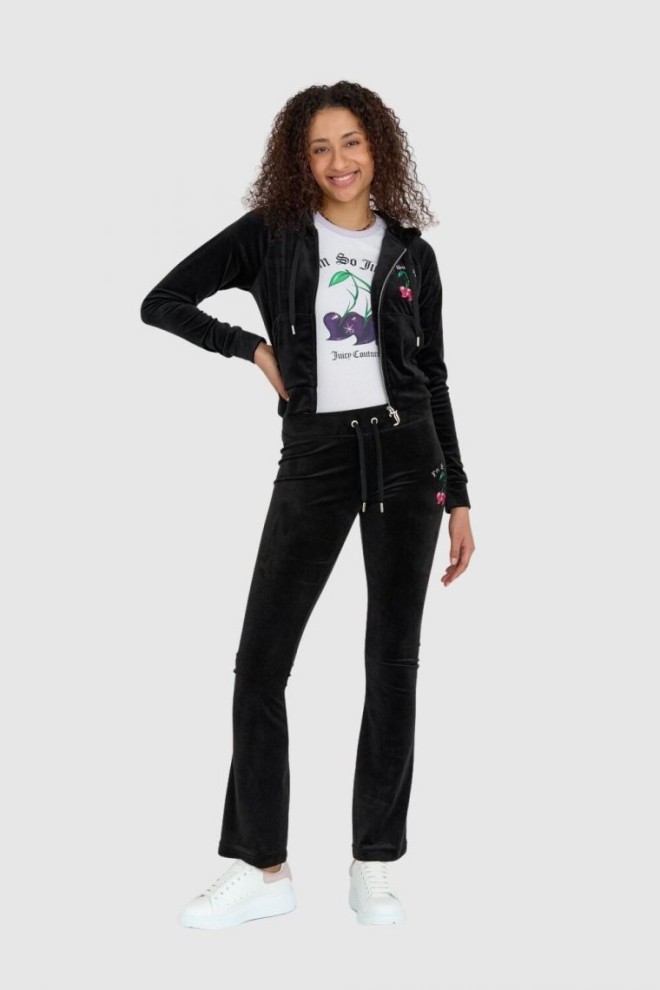 JUICY COUTURE Czarna welurowa bluza dresowa z haftowanymi wisienkami