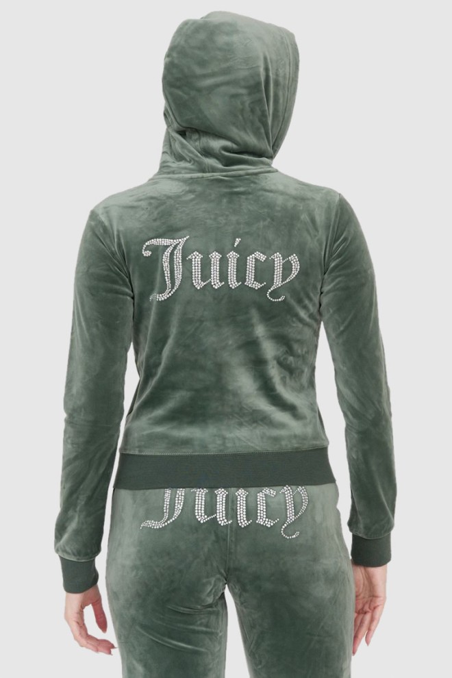 JUICY COUTURE Catifea verde cu glugă cu diamante pentru femei, fără nasturi