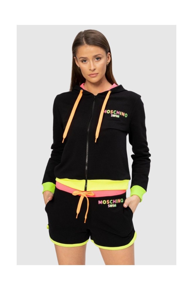 MOSCHINO Hanorac negru cu glugă pentru femei, cu logo neon