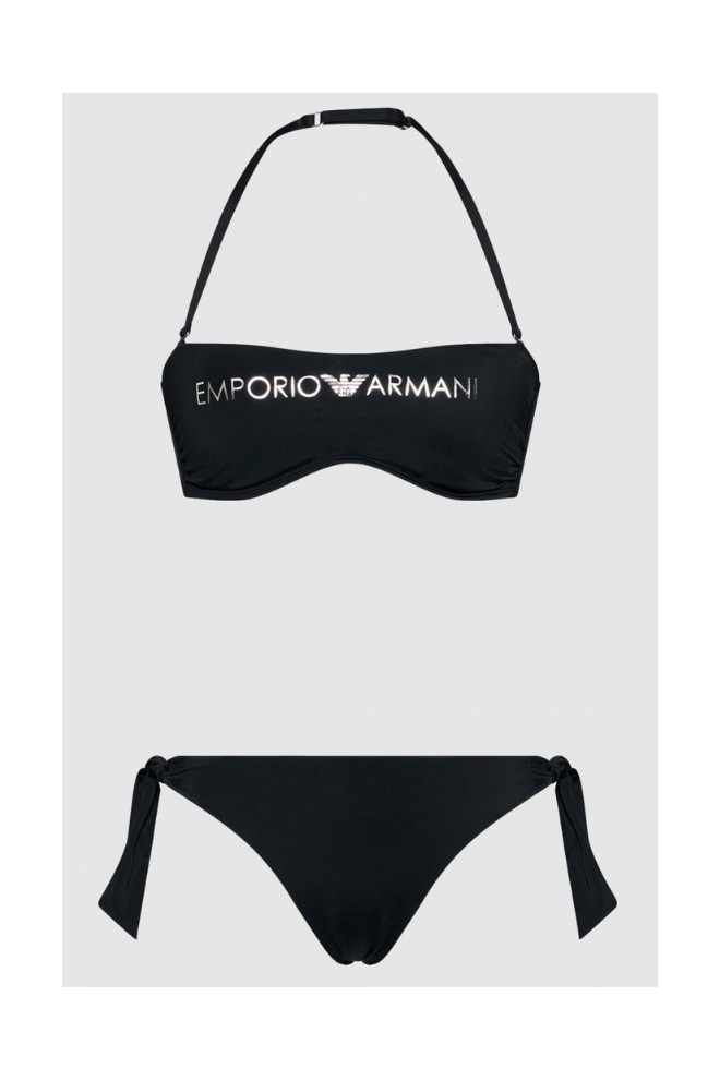 EMPORIO ARMANI Bikini negri cu cravată și logo argintiu
