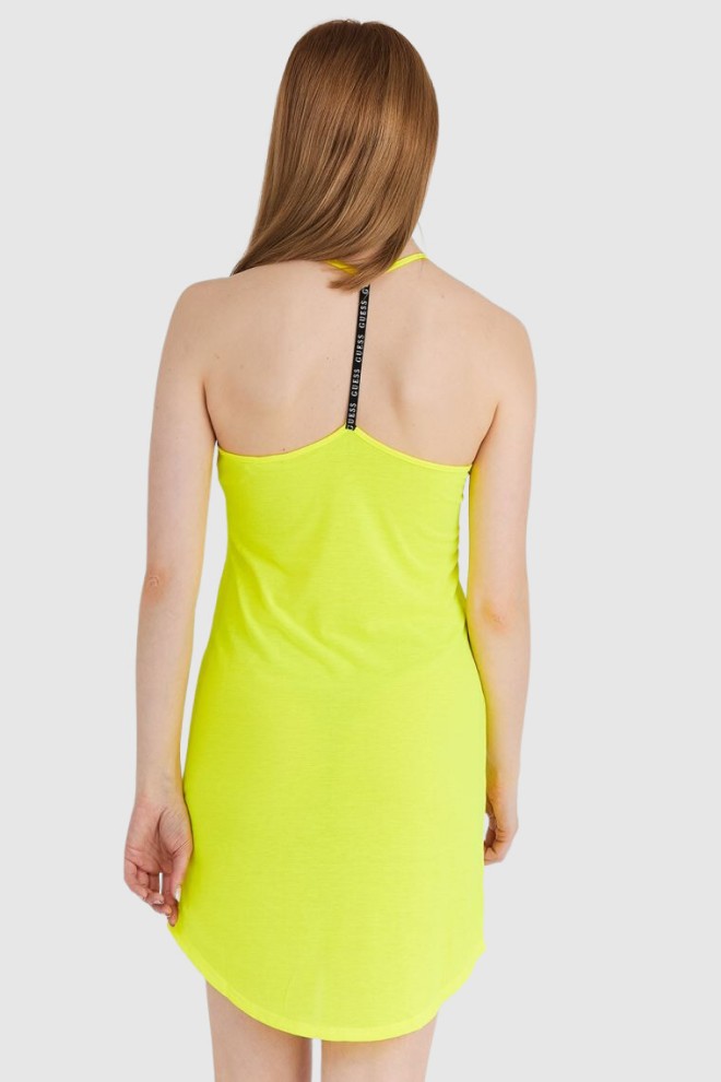 GUESS Rochie neon galbenă pentru femei cu bretele cu logo triunghiular