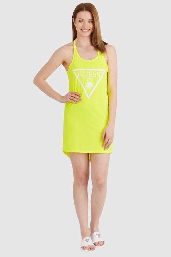 GUESS Rochie neon galbenă pentru femei cu bretele cu logo triunghiular