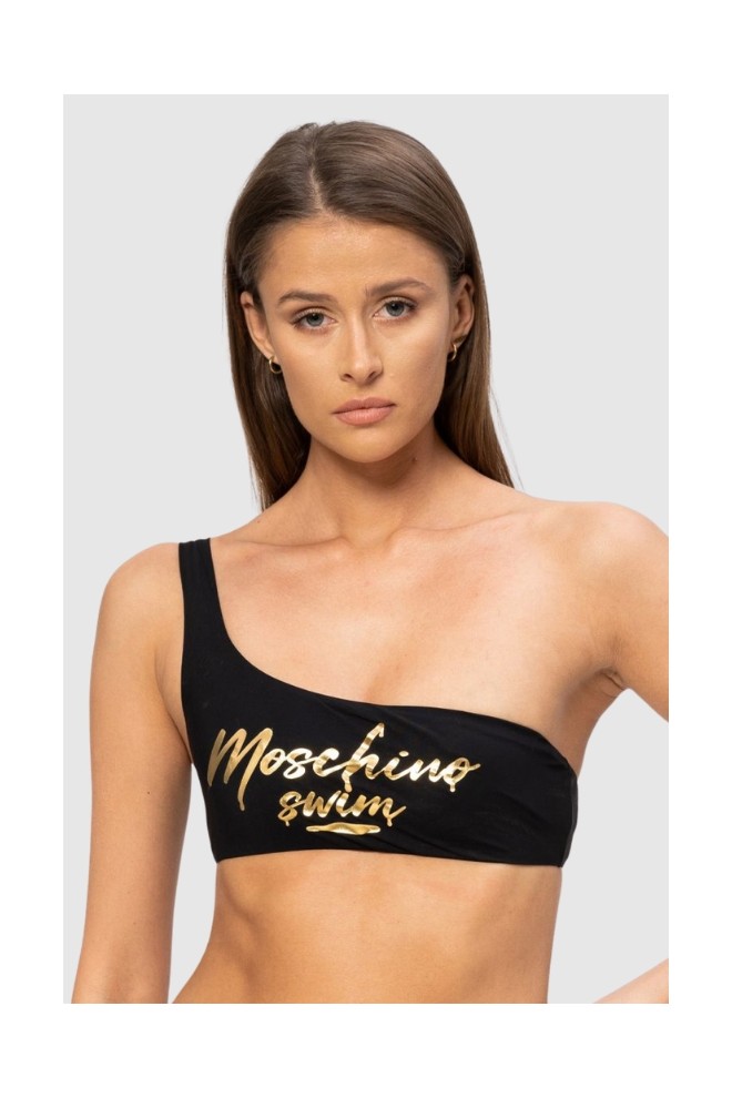 MOSCHINO Top bikini asimetric cu logo auriu