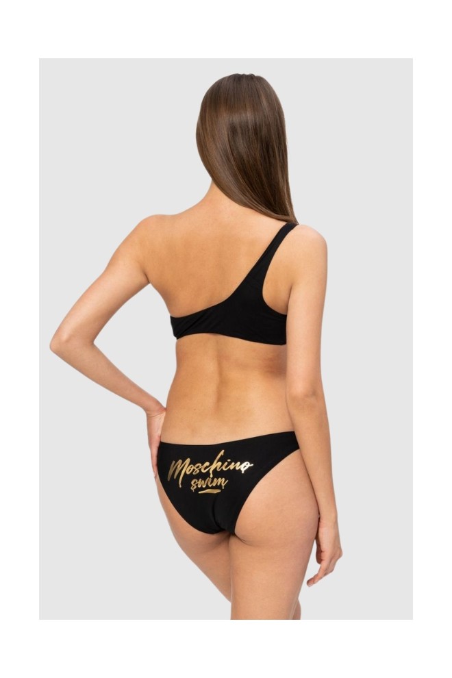 MOSCHINO Top bikini asimetric cu logo auriu