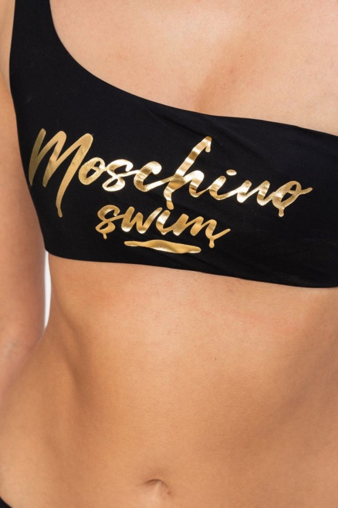 MOSCHINO Top bikini asimetric cu logo auriu