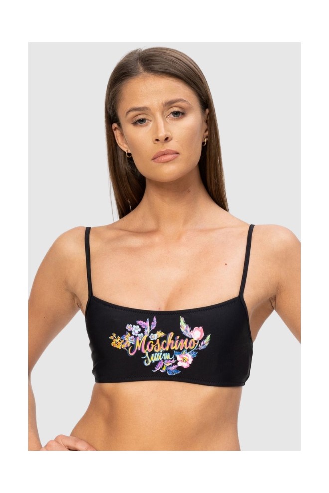 MOSCHINO Top bikini negru cu detalii florale cu logo