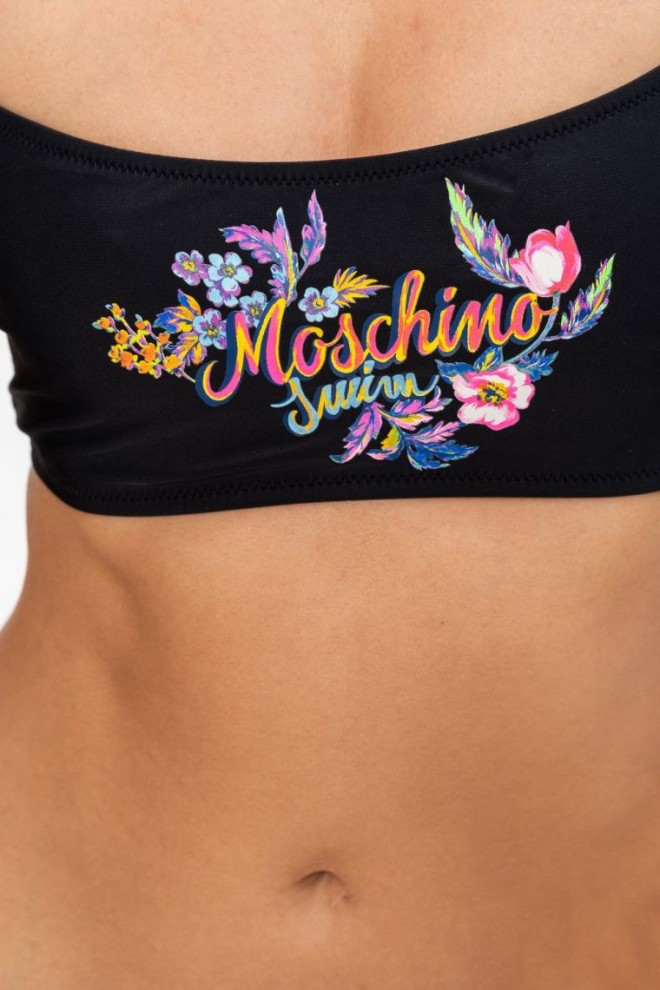 MOSCHINO Top bikini negru cu detalii florale cu logo