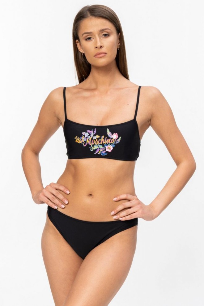 MOSCHINO Top bikini negru cu detalii florale cu logo