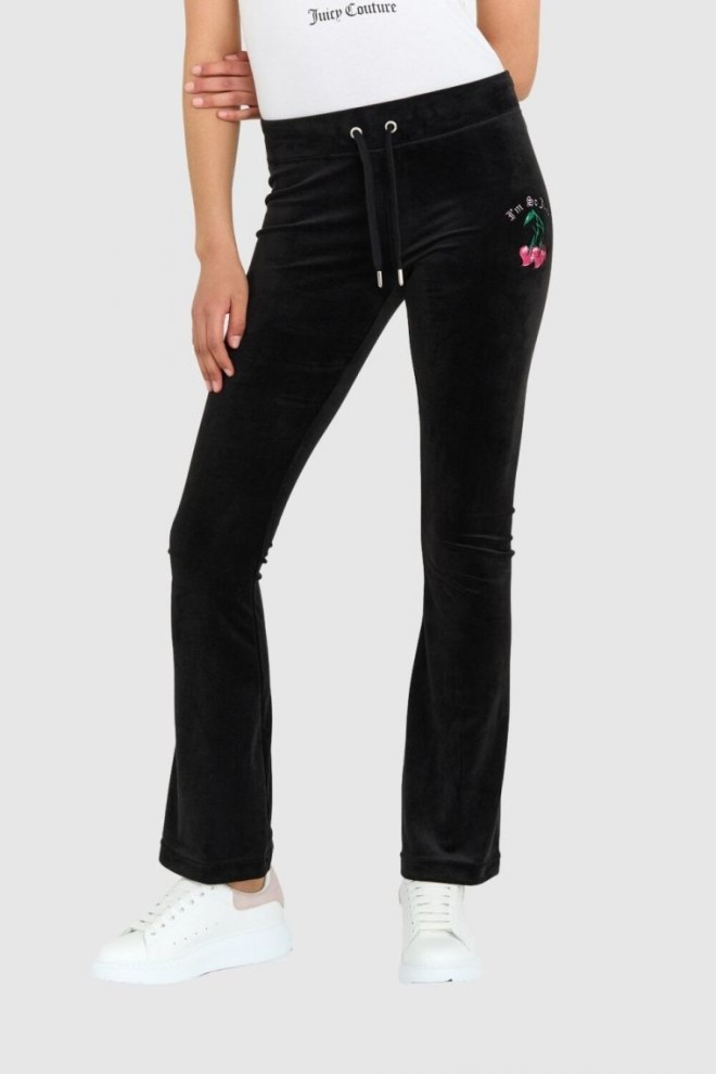 JUICY COUTURE Czarne welurowe spodnie dresowe z haftowanymi wisienkami