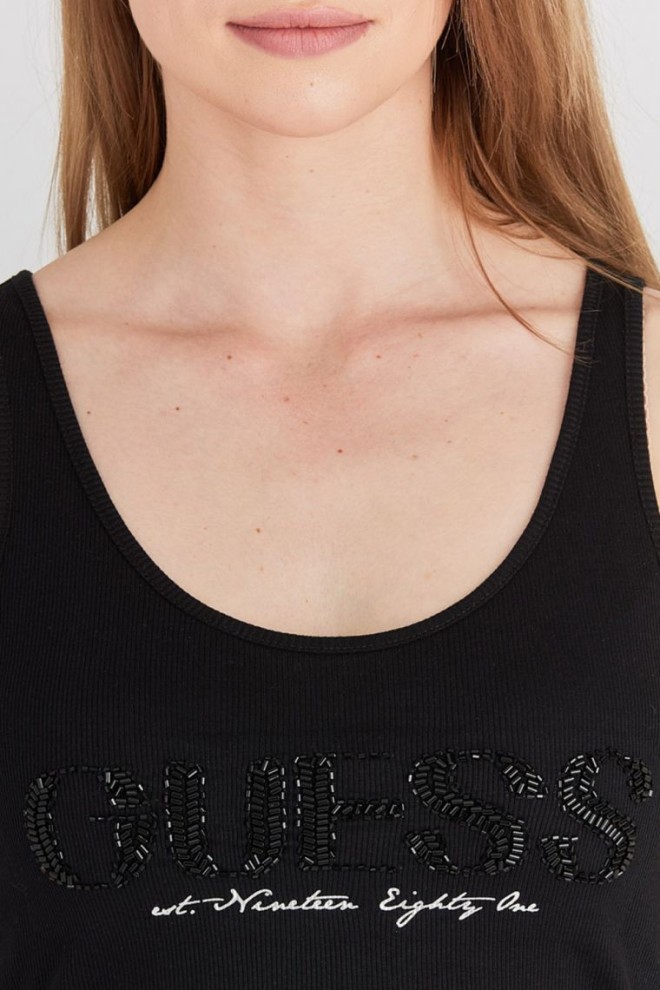 GUESS Top negru pentru femei cu logo cu mărgele