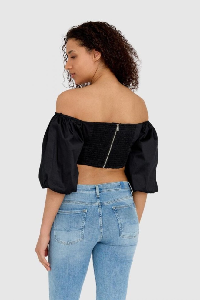 GUESS Bluză scurtă neagră cu mâneci bufante pentru femei