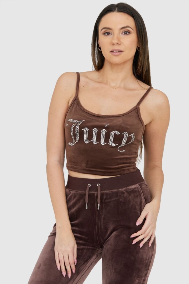 JUICY COUTURE Brązowy welurowy top z błyszczącym logo