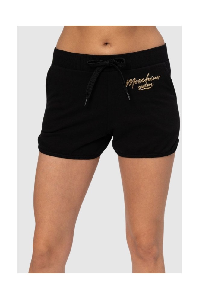 MOSCHINO Pantaloni scurți negri pentru femei cu logo auriu