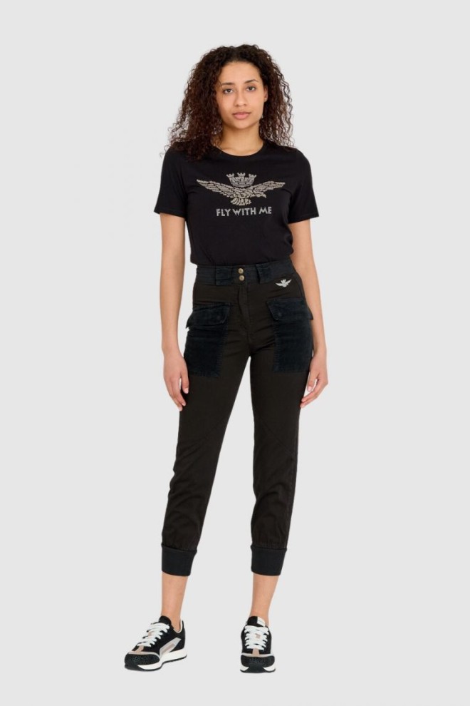 AERONAUTICA MILITARE Pantaloni cargo negri pentru femei cu cordon în talie