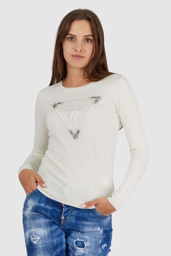 GUESS Cream women's sweater with embroidered logo