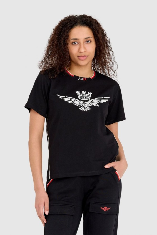 AERONAUTICA MILITARE Black loose fit women's eagle embossed t-shirt Comfort Fit