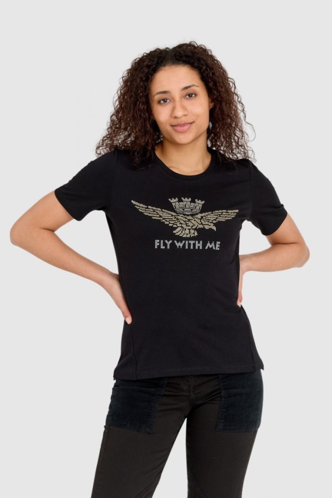 AERONAUTICA MILITARE Black women's t-shirt with an eagle made of rhinestones