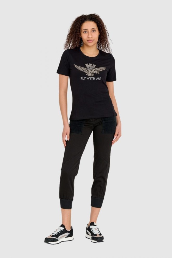 AERONAUTICA MILITARE Black cotton women's t-shirt with eagle made of rhinestones