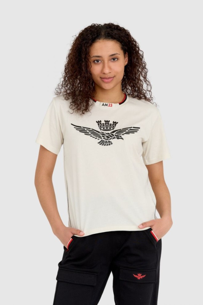 AERONAUTICA MILITARE Cream loose fit women's eagle embossed t-shirt Comfort Fit