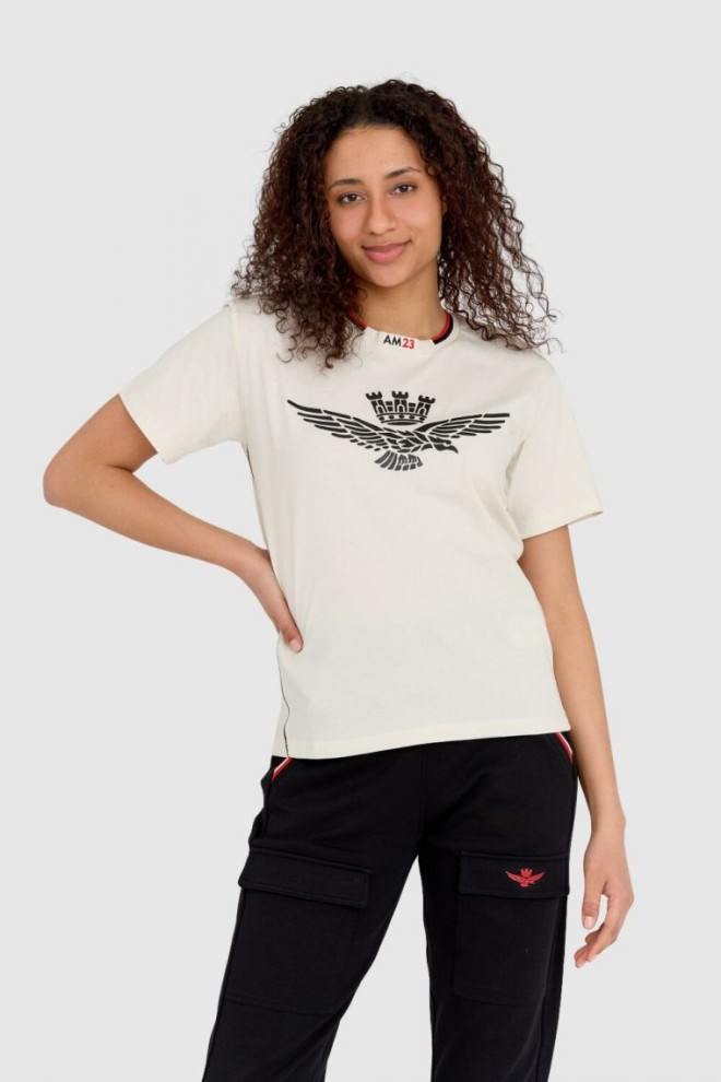 AERONAUTICA MILITARE Cream cotton loose fit women's eagle embossed t-shirt Comfort Fit