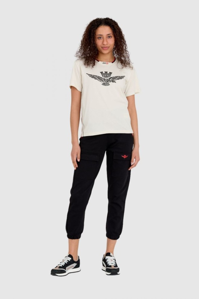 AERONAUTICA MILITARE Cream loose fit women's eagle embossed t-shirt Comfort Fit