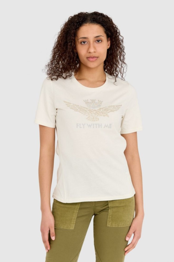 AERONAUTICA MILITARE Cream women's t-shirt with an eagle made of rhinestones