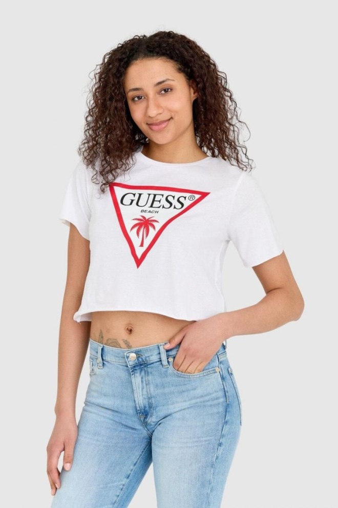 GUESS Biały krótki t-shirt damski z surowym wykończeniem boxy fit