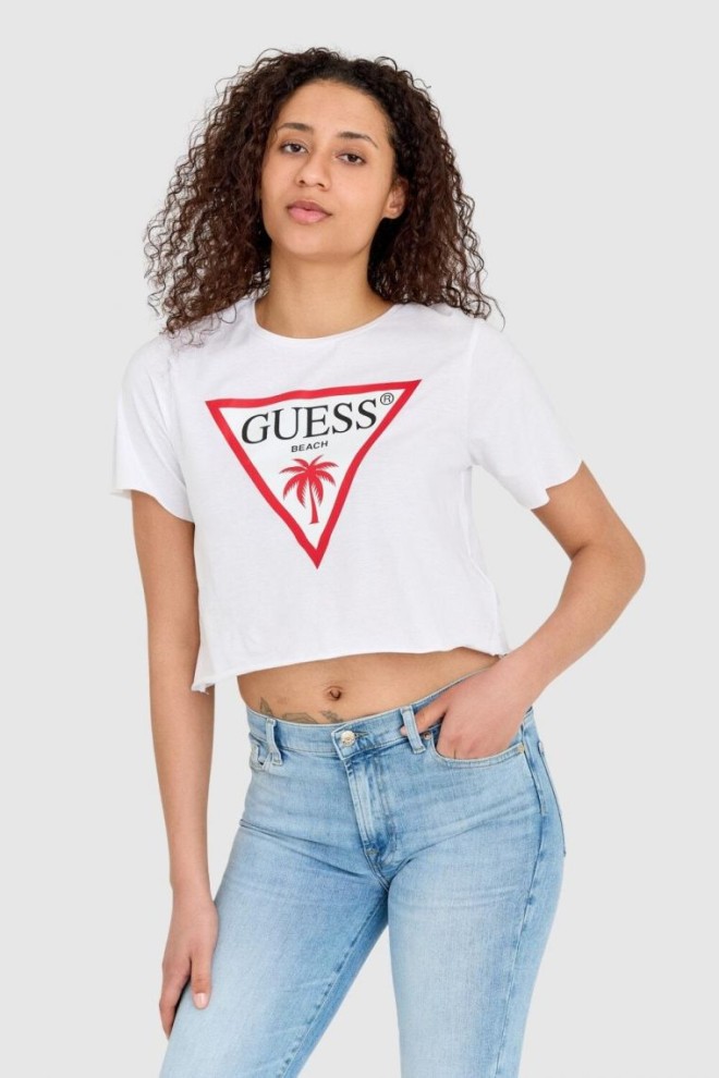 GUESS Biały krótki t-shirt damski z surowym wykończeniem boxy fit