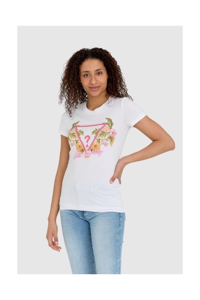 GUESS White women's logo t-shirt with flowers and rhinestones slim fit