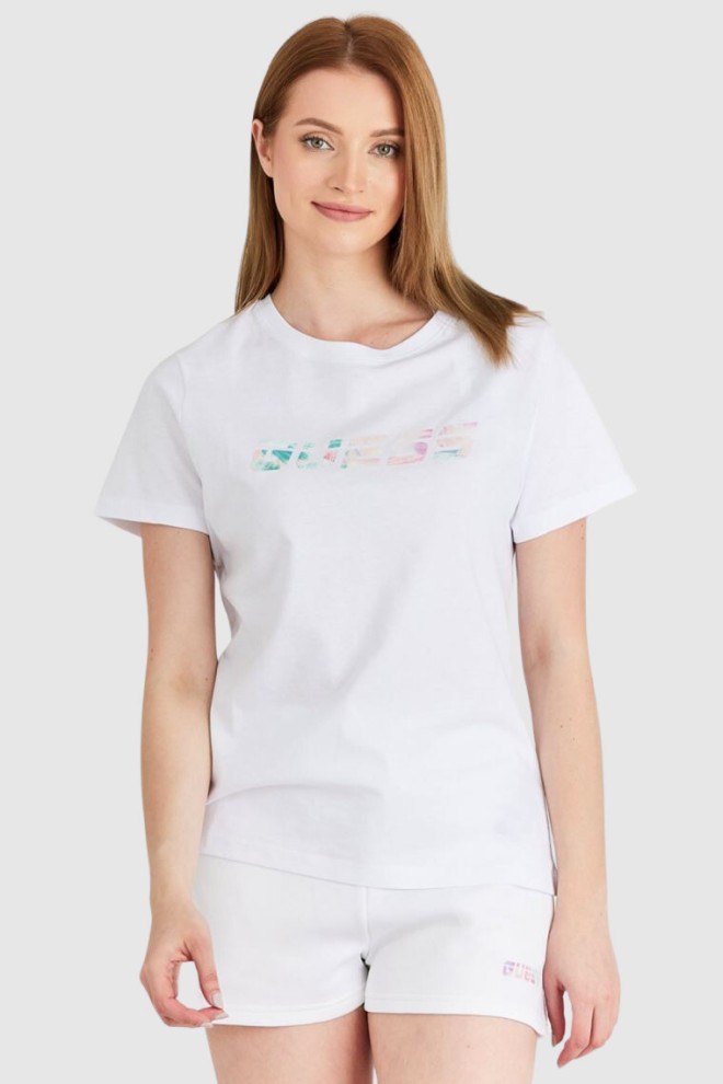 GUESS Tricou alb din bumbac pentru femei, cu logo colorat