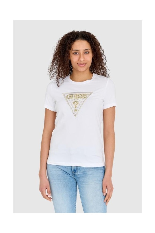 GUESS Tricou alb pentru femei cu logo brodat cu zirconiu auriu slim fit