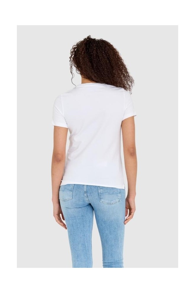 GUESS Tricou alb pentru femei cu logo brodat cu zirconiu auriu slim fit