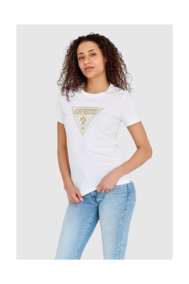 GUESS White women's t-shirt with gold zirconia embroidered logo slim fit