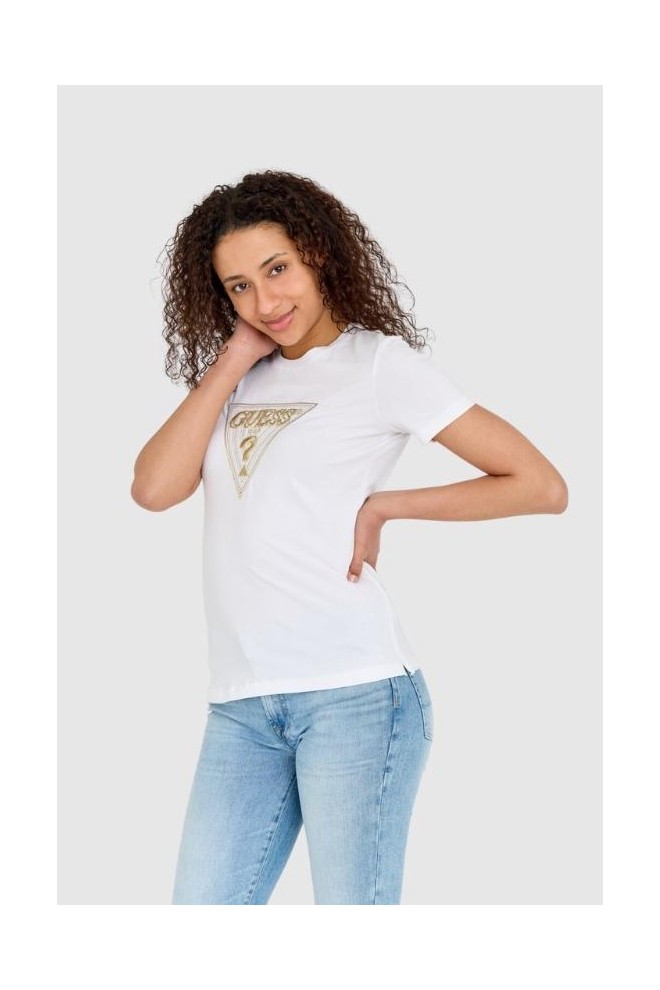 GUESS White women's t-shirt with gold zirconia embroidered logo slim fit