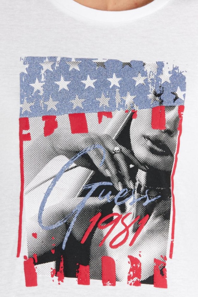 GUESS Tricou alb pentru femei cu imprimeu și cravată la spate