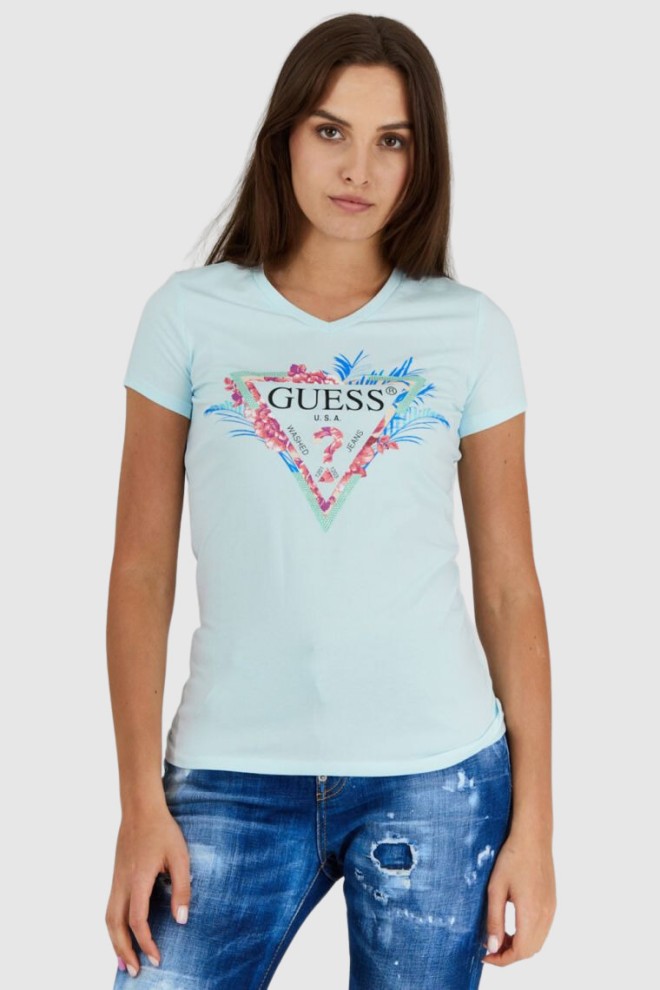 GUESS Błękitny t-shirt damski z logo z liśćmi i cyrkoniami