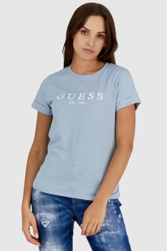 GUESS Tricou albastru din bumbac pentru femei cu logo alb