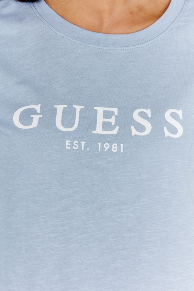 GUESS Tricou albastru din bumbac pentru femei cu logo alb